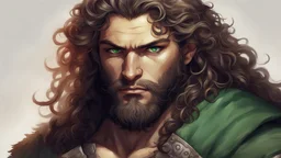 human, male, green eyes, beard, long curly hair, barbarian