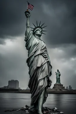 the statue of liberty, dress dirty and torn, her face solemn and terse, her head drooped low, shoulders slumped, trash littered at her feet, she holdsa crumpled american flag as she walks away, back to the viewer, under a dark and dreary sky