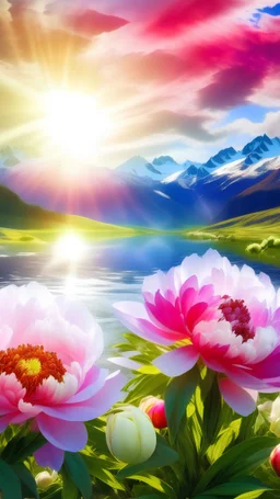 Peonies in an open field with sun rays in different colors and sizes with a background of mountains and lakes abstract