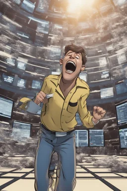 A 3d animated guy screaming with joy as the stock market climbes, 8k, highly detailed