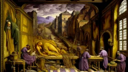 A yellow and purple mining factory designed in medieval tapestry painted by Gustave Courbet