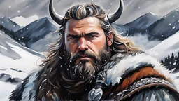 winter, acrylic illustration, acrylic paint, oily sketch, a portrait of a fierce Viking man, embodying bravery and resilience in a rugged landscape