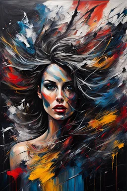 Abstract painting about a beautiful woman and her chaotic life, chaos, stormy, explosive, weird but exceptional art, thick paint strokes, dark colours, realistic