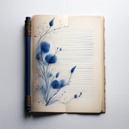 Dibujo minimalista de un cuaderno medieval de bocetos. Alrededor, trazos sutiles de tinta o pluma que insinúan creatividad. Fondo claro con toques delicados de azul profundo para reflejar pasión artística.