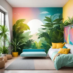 a photo of a gorgeous modern colorful boys kids bedroom, jungle wall mural, bunkbed, pastel colors, bright interior, sunlight --ar 1:1