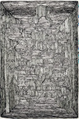 the bandwidth of consciousness; a background of ink wash optical art inspired by Escher overlaid with playful surreal elements inspired by Klee