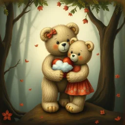 vinyette star-buddy and a heart-buddy with clouds in the forest-of-feelings, vintage care-bears style (Elena Kucharik)