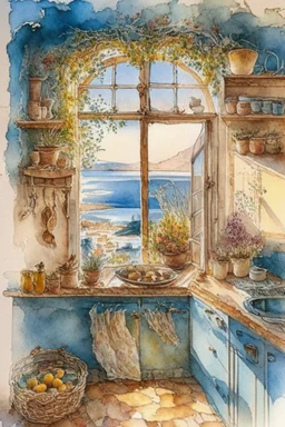 The kitchen of a Greek house, with a view of the sea through the window by Jean-Baptiste Monge, watercolor and ink, intricate details, fantasy, beautiful, award winning, colorful, fantastic view, crisp quality in sunshine