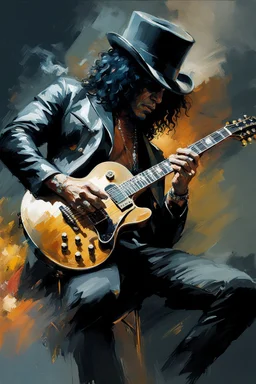 slash playing his guitar while smoking :: dark mysterious esoteric atmosphere :: digital matt painting with rough paint strokes by Jeremy Mann + Carne Griffiths + Leonid Afremov, black canvas