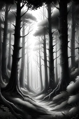 Create a captivating image of a serene forest scene featuring intricately detailed trees entwined with vines. Use grayscale tones to convey depth and contrast, emphasizing the interplay of light and shadow. With no modern elements present, evoke a sense of untouched wilderness, inviting viewers to contemplate the beauty of nature. Focus on conveying tranquility and natural beauty, drawing attention solely to the intricate details of the landscape