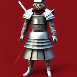 Modélisme trois dimensions, chat, anthropomorphique, habillé comme un samurai, armure très détaillé, armure rouge, armure argent