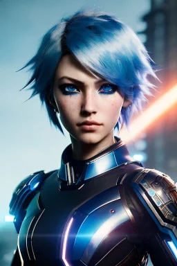 Cyborg anime warrior, light blue hair, blue eyes, waist up portrait, 8k resolution, intricate details, ornate details, soft lighting, vibrant colors, retroanime, masterpiece, intricate eyeliner, dark eyeshadow, eyes, intricate tattoos, futuristic cityscape background