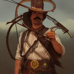 portrait,"Insanely detailed photograph of a male western mustachioed crossbowman", detailed charro, sequenced Sombrero, detailed held dagger, digital painting, artstation, concept art, sharp focus, illustration, art by artgerm and greg rutkowski and alphonse mucha, 8 k,fantasy, unreal engine