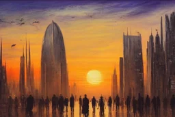 Futuristic city, people, sunset, sci-fi, epic, philip wilson steer influence, realistic painting