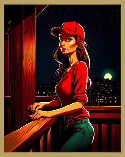 woman with a red baseball hat. leaning on a wooden balcony. night time. fantasy. cartoon. studio lightining.