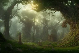 a beautiful and highly detailed matte painting of a wooden elven temple in a magical fantasy garden in a lush forest, celtic knots, ancient runes, knotted trees, tangled vines, intricate details, epic scale, insanely complex, 8k, sharp focus, hyperrealism, very realistic, by caspar friedrich, albert bierstadt, james gurney, brian froud