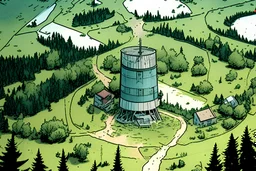 a map, top view of a forest, small town, water tower, farm land , comic book, post -apocalypse,