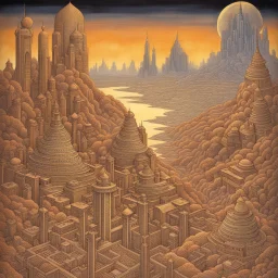 art by "Canan Berber John T. Biggers ", painting, landscape , Feigned The Palace of Asgard and Tokyo, at Dawn, Illustration, Hopeless, 70s Science Fiction, Provia, overly complex style