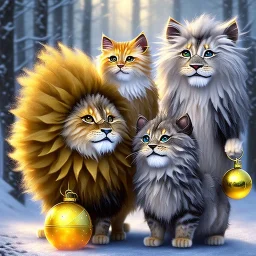 cute fluffy lion and scarecrow and tin-man and kitten on a journey into the woods walking on a yellow brick road, cute adorable pop surrealism, lowbrow art, realistic, street fashion, fluffy , pixar style, hyperrealism, christmas colors, rococo, by "NewAgerJul", Pixar, Disney, concept art, 3d digital art, Maya 3D, ZBrush Central 3D shading, bright colored background, radial gradient background, cinematic, Reimagined by industrial light and magic, 4k resolution post processing 8k resolution holog