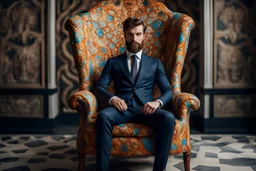 A full body handsome bearded guy with Napoleonic dark tight-fitting elegante design suit in a Gaudi chair in portrait studio, detail face