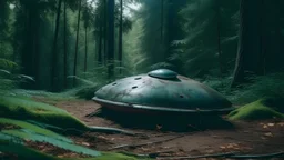 a bell-shaped ufo with a metal surface crashed and buried in the ground in the middle of the forest