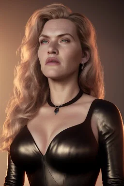 Kate Winslet as evil queen in black leather gown, cleavage, angry, stern look unreal 5, octane render,cinema4d, dynamic lighting, dramatic lighting, 4k, redshift render, highly detailed, hyper realistic