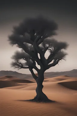 a tree in the desert, dark color scheme,