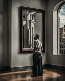 A man with his back to us looking out the big window and feeling depressed