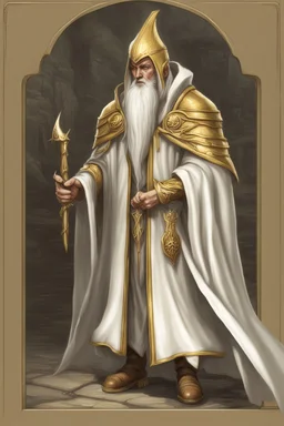 High elf time wizard hermit wearing gold hemed white cloak