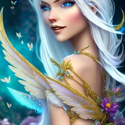 Fantasy cute fairy with wings, smiling, make up, long blond platinum hair, blue eyes, crown, beautiful dress, flowers in background, HQ