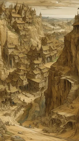 A beige underground mine with a town painted by Albrecht Durer