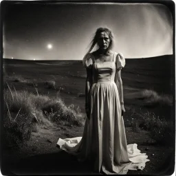 Photorealistic polaroid, black and white, nothingness and distressing anguish figure wasteland night, Hieronymus Bosch, shot on Hasselblad, movie shot, details of the dress accentuated, nightmare, hypermaximalist, obsessive, hypnotic