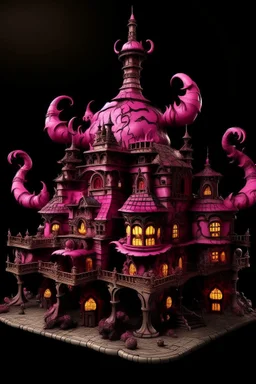 A blackish magenta demon chateau with chaotic fire designed in African pottery painted by Hashimoto Gaho