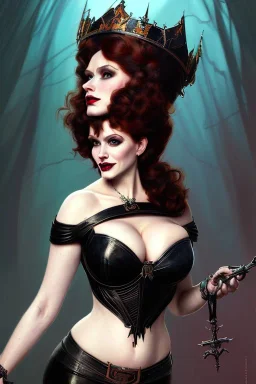 painting of christina hendricks as evil queen in black leather, feminie, angry, strong, volouptous, busty, cleavage, emperious, mature, highly detailed, digital painting, artstation, concept art, smooth, sharp focus, illustration, art by gaston bussiere and alphonse mucha