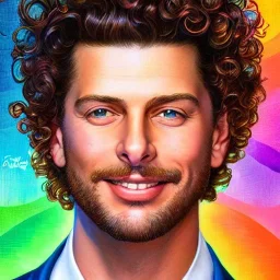 Yung gravy, his highly detailed, amused and handsome dimpled face, his multi-hued curly hair; multidimensional pointillé; by lisa frank, daniel gerhartz, phil noto art, mucha, manara; hyper-detailed, hyper-realistic, sharp focus; symmetrical face; textured shading, subtractive lighting, unreal engine