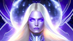 Femme galactique magnifique, yeux bleux, long cheveux blonds, commandante, en combinaison blanche lumière détails violets et bleus, faisceau lumière bleuté au-dessus de sa tête