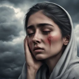 Hyper Realistic Sad young-Pushto-women-showing-tears-in-her-eyes with cloudy sky & dramatic ambiance