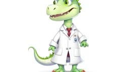 Cartoon illustration for children: Doctosaurus in a white doctor's coat, white background