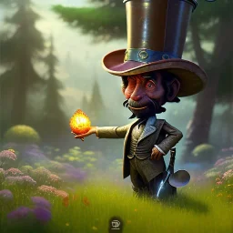 pixar style, volumetric summer garden environment and background, realistic painting of a cute midget abraham lincoln with stovepipe hat, looking excited, volumetric lighting, dramatic lighting, detailed digital painting, anime, ornate, colour-washed colors, elegant, small minutiae, tiny features, particulars, centered, smooth, sharp focus, renderman gofur render, 8k, uhd, detailed eyes