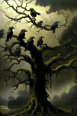 A group of crows with human faces standing on a scary tree without leaves . its skin is covered in moss and lichen, allowing it to blend seamlessly into its surroundings. Forest Spirits feed on the energy of trees and can create thick fog to confuse their victims.