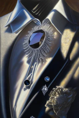 A silver brooch pinned to the collar of a black velvet suit, set with sparkling diamonds, in a luxurious bedroom in the sunlight Hyper realistic, oil on canvas award winning fantastic view ultra detailed acrylic art Ultra realistic Impressionism Surrealism simen johan, sharp focus intricate oil on canvas cinematic lighting photorealistic high detail ultra detailed crisp quality colourful