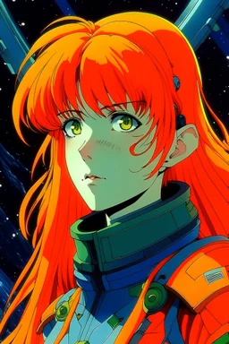 90s anime sci fi orange hair space Captain girl blood on face sacred