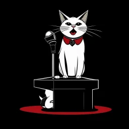 Ilustración vectorial de un gato antropomorfico hablando en un atril con micrófono, colores negro, blanco y rojo, fondo negro