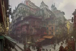 Hanoi train+traincorner building +A greengrocer in colorful genoa street+Italian medieval town +Italian city sea+alphonse mucha, greg rutkowski,matte painting, cryengine, hyper detailed, felix kelly, fantasy art, seb mckinnon