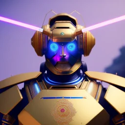 A portrait of a crystalised robot samurai with yakuza tatu, atmospheric, realistic, unreal engine cosmic galactic, cinematic lighting, octane render, transparent,bleu yellow light