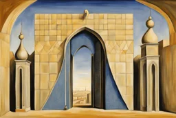 an open gothic_arab gate in a blue-tiled wall with a view of an old city by artist "de Chirico",by artist "Leonora Carrington"