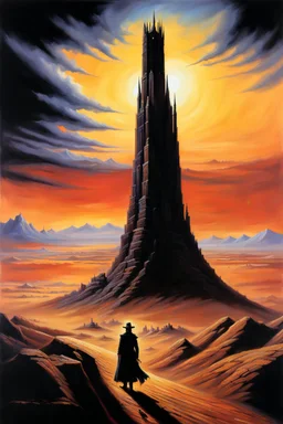 the Dark Tower seen across a desert. painted by Jeff easley