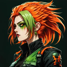 profile picture,2dcg,anime art style,green and orange color,wave hair ghoul biker lady,pure black color background,gore,violence,Decapitation,dismemberment,disturbing,Monster,guts,morbid,mutilation,sacrifice,butchery,meathooks,no hands,do not draw hands
