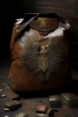 in the BASEMENT there is an old, broken brown oblong leather chest with short handles, from which gold coins from the time of Catherine the Great fall out. The ancient coat of arms of tsarist Russia, the double-headed eagle, is BARELY VISIBLE on the bag. There are a lot of broken bricks and earth around the bag. All in high quality 8K