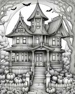 Halloween huanted house Coloring Book, adults cartoon coloring page, cartoon style, highly detailed clean line art, no background, white, black, coloring book, sketchbook, realistic sketch, free lines, on paper, character sheet, full high definition, very intricate.